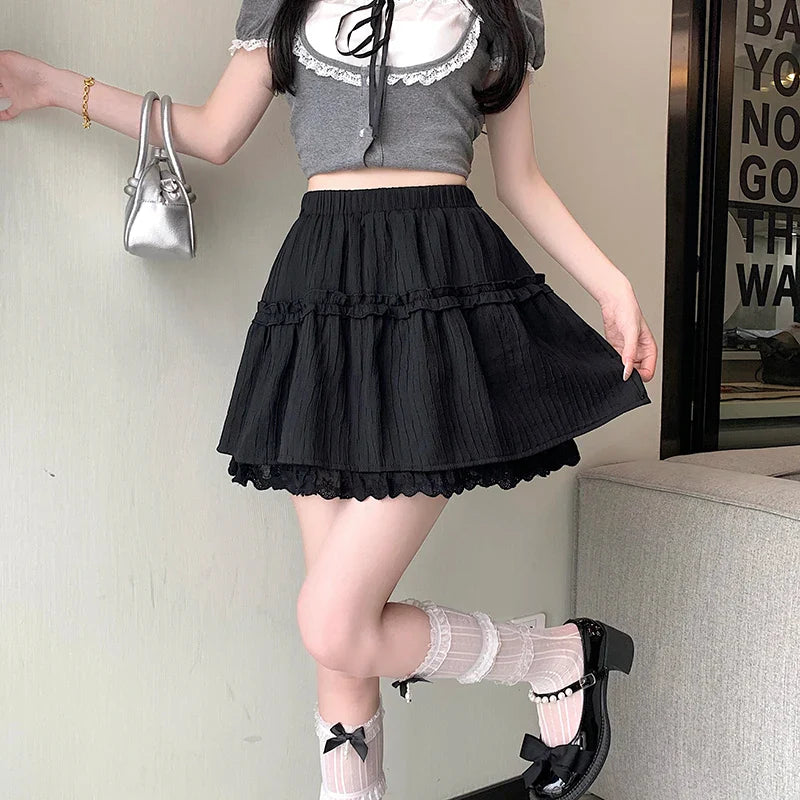 FashionSierra Woman Lace Cake 2024 New Spring Summer High Waist A-line Mini Black/White Ladies Casual Short Skirt