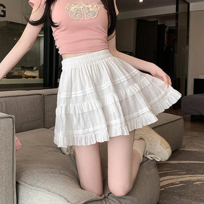 FashionSierra Woman Elegant French Style White Ruffled Tutu New Spring Summer Elastic High Waist A-line Pleated Mini Skirt