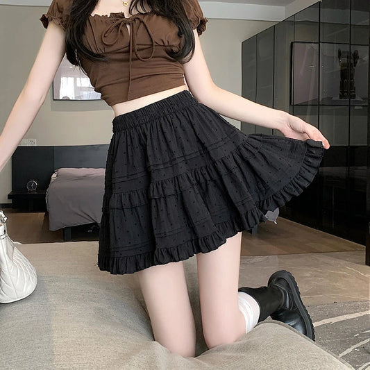 FashionSierra Woman Elegant French Style White Ruffled Tutu New Spring Summer Elastic High Waist A-line Pleated Mini Skirt