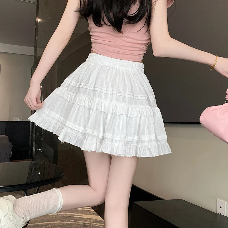 FashionSierra Woman Elegant French Style White Ruffled Tutu New Spring Summer Elastic High Waist A-line Pleated Mini Skirt