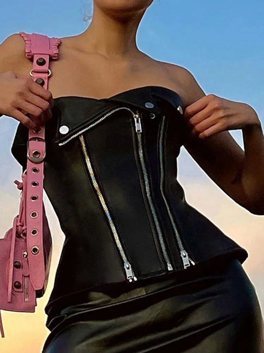 Goth PU Leather Moto Corset Top