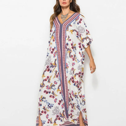 FashionSierra-2024 Maxi Tunic  Women  Kaftan  Summer  Swim Cover Up  Cotton Rayon  Floral Print  Loose  Beach Robe Boho Dress