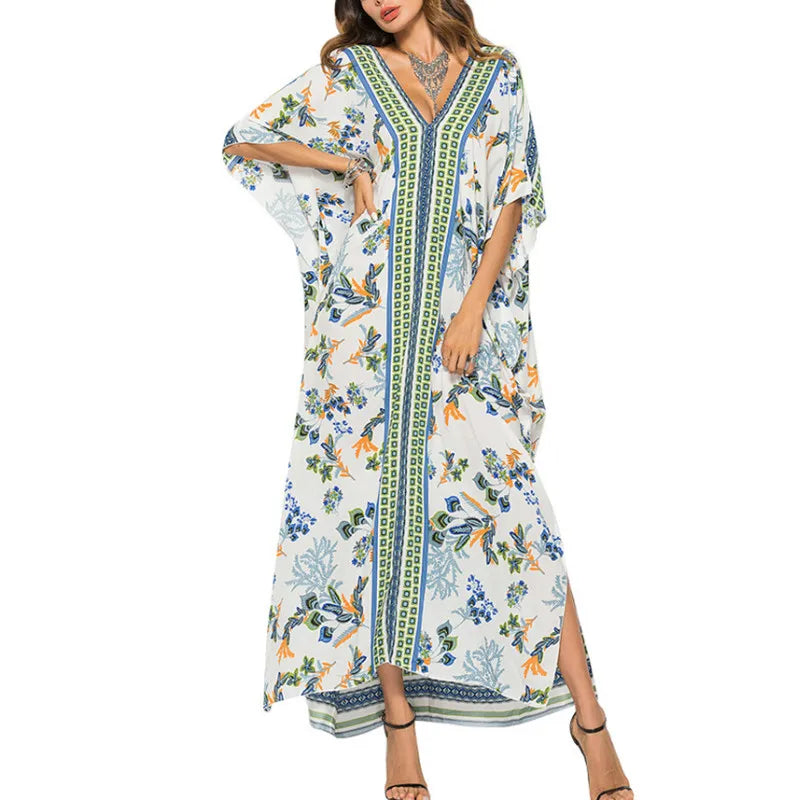 FashionSierra-2024 Maxi Tunic  Women  Kaftan  Summer  Swim Cover Up  Cotton Rayon  Floral Print  Loose  Beach Robe Boho Dress