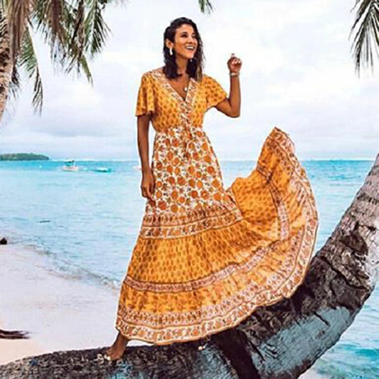 FashionSierra-2024  Rayon Yellow Floral Print  V-neck  Beach Wear  Summer  Gypsy  Long  Women  Maxi  Vestidos  Boho Dress