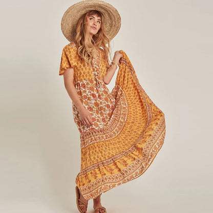 FashionSierra-2024  Rayon Yellow Floral Print  V-neck  Beach Wear  Summer  Gypsy  Long  Women  Maxi  Vestidos  Boho Dress