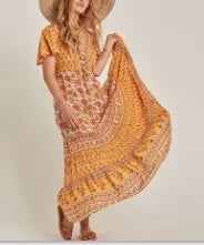 FashionSierra-2024  Rayon Yellow Floral Print  V-neck  Beach Wear  Summer  Gypsy  Long  Women  Maxi  Vestidos  Boho Dress