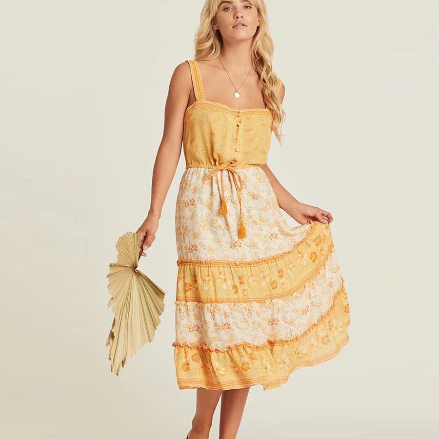 FashionSierra-Sun  Sexy  Sleeveless Strap  2024 Rayon Floral Print  Beach Summer  Gypsy Women  Vestidos Boho Dress