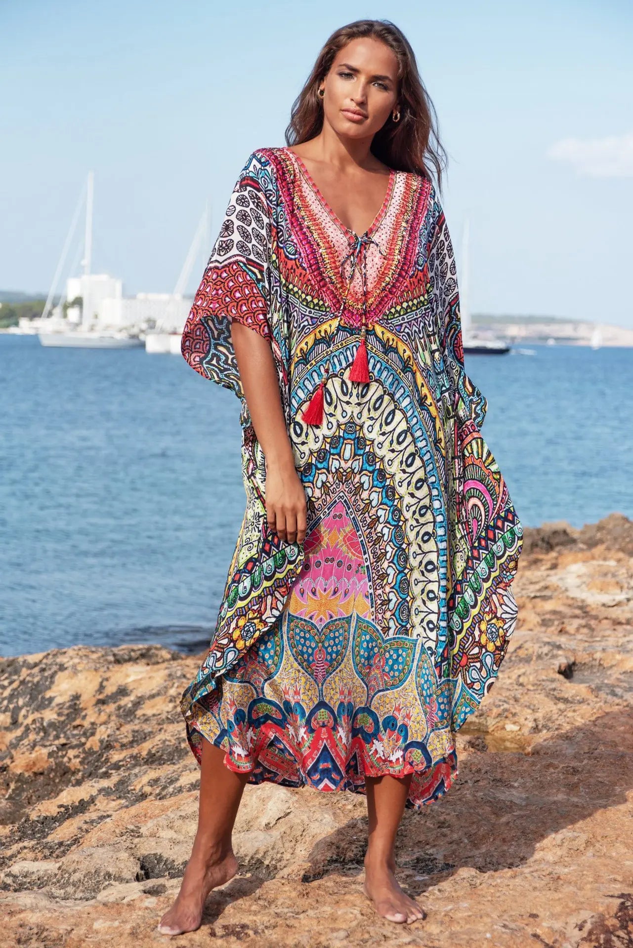 FashionSierra-Bat Sleeve  Swim Bikini Cover Up  Women  Vintage  Floral Print  Beach  Oversize  Summer  Long  2024  Maxi  Robe Boho Dress