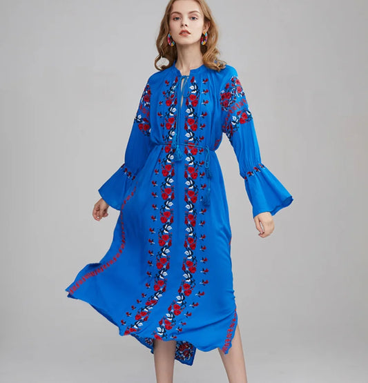 FashionSierra-Blue Cotton  Floral Embroidery  Long  Vintage  Long Sleeve  Tassel  Elastic Waist  Autumn  Ethnic Robe Boho Dress
