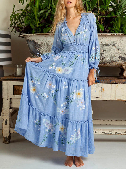 FashionSierra-Blue  Floral Embroidery  Casual  Deep V  Long Sleeve  Vintage  Loose  Ruffles Boho Dress