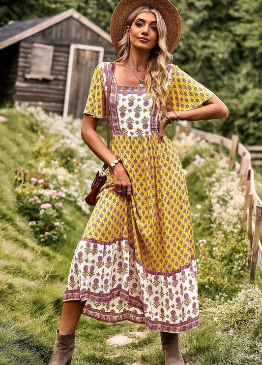 FashionSierra-Bohemia  Rayon Cotton  Floral Print  Long  Women  Robe  Vintage  Short Sleeve  Summer  2024  Beach  Vestidos Boho Dress