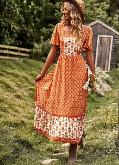 FashionSierra-Bohemia  Rayon Cotton  Floral Print  Long  Women  Robe  Vintage  Short Sleeve  Summer  2024  Beach  Vestidos Boho Dress