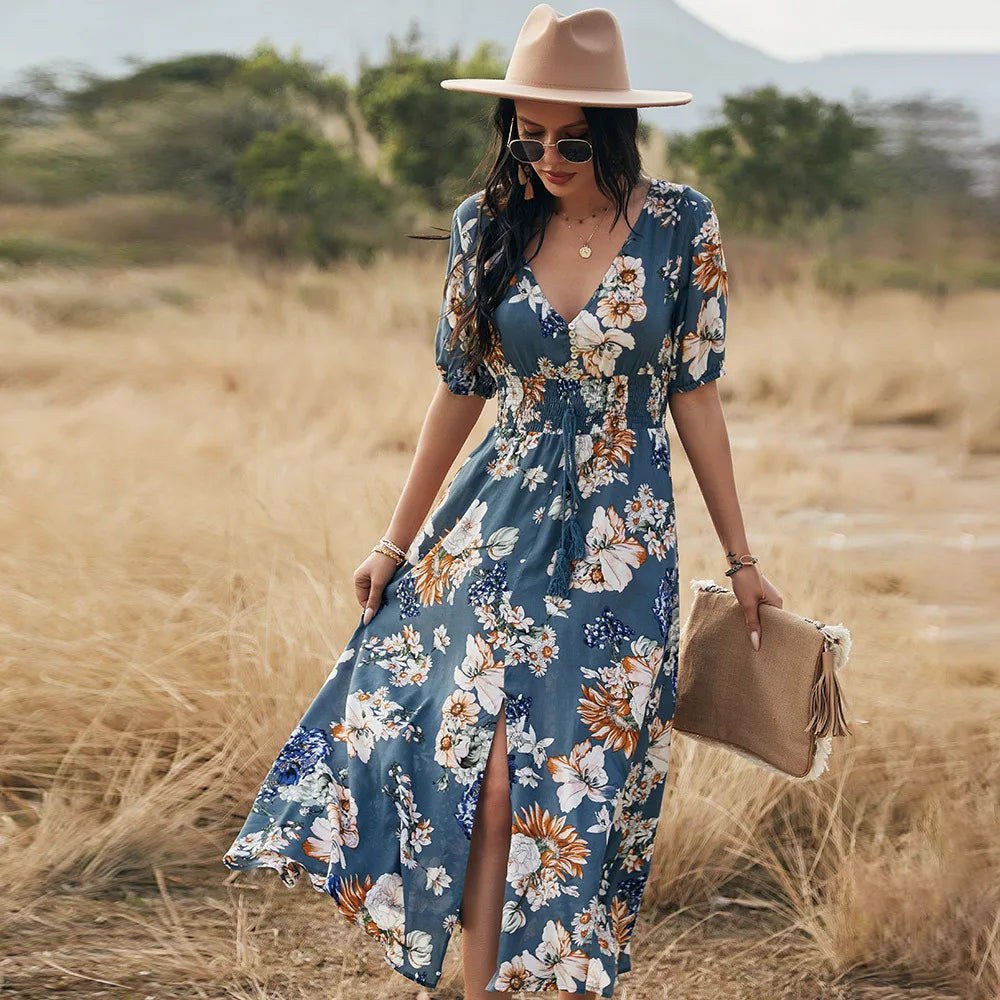 FashionSierra-Bohemian  Cotton Floral Print  Long  Women  V-neck  Short Sleeve  Casual  Vestido  Robe  Elegant  Summer Boho Dress