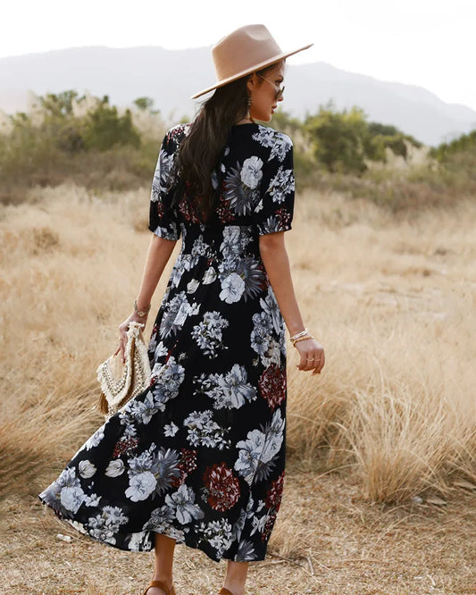 FashionSierra-Bohemian  Cotton Floral Print  Long  Women  V-neck  Short Sleeve  Casual  Vestido  Robe  Elegant  Summer Boho Dress