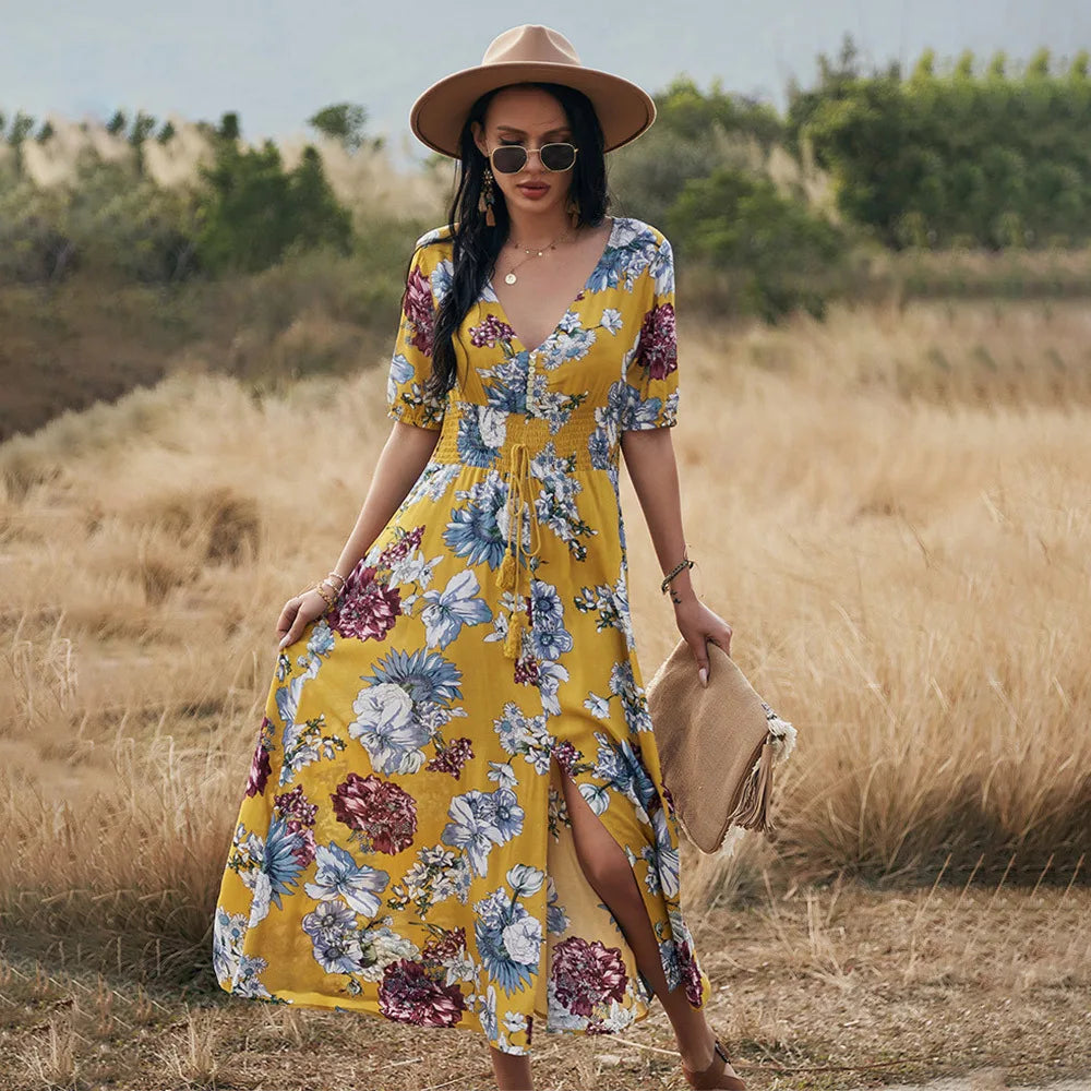 FashionSierra-Bohemian  Cotton Floral Print  Long  Women  V-neck  Short Sleeve  Casual  Vestido  Robe  Elegant  Summer Boho Dress