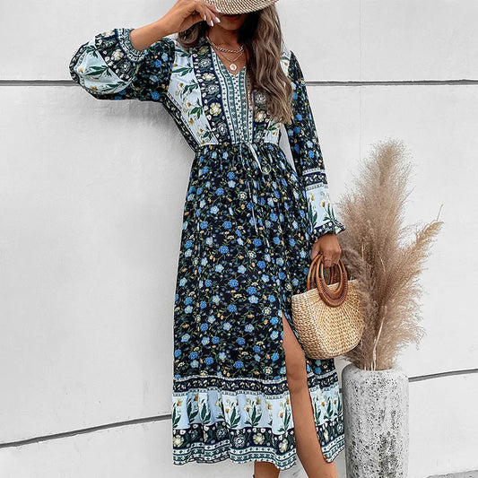 FashionSierra-Bohemian  V-neck  Long Sleeve  Women  Robe  Vintage  Rayon  Floral Print  Beach  Summer  2024  Maxi  Vestidos Boho Dress