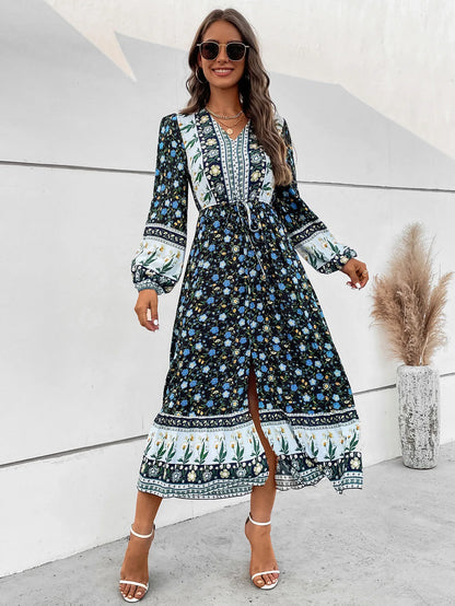 FashionSierra-Bohemian  V-neck  Long Sleeve  Women  Robe  Vintage  Rayon  Floral Print  Beach  Summer  2024  Maxi  Vestidos Boho Dress