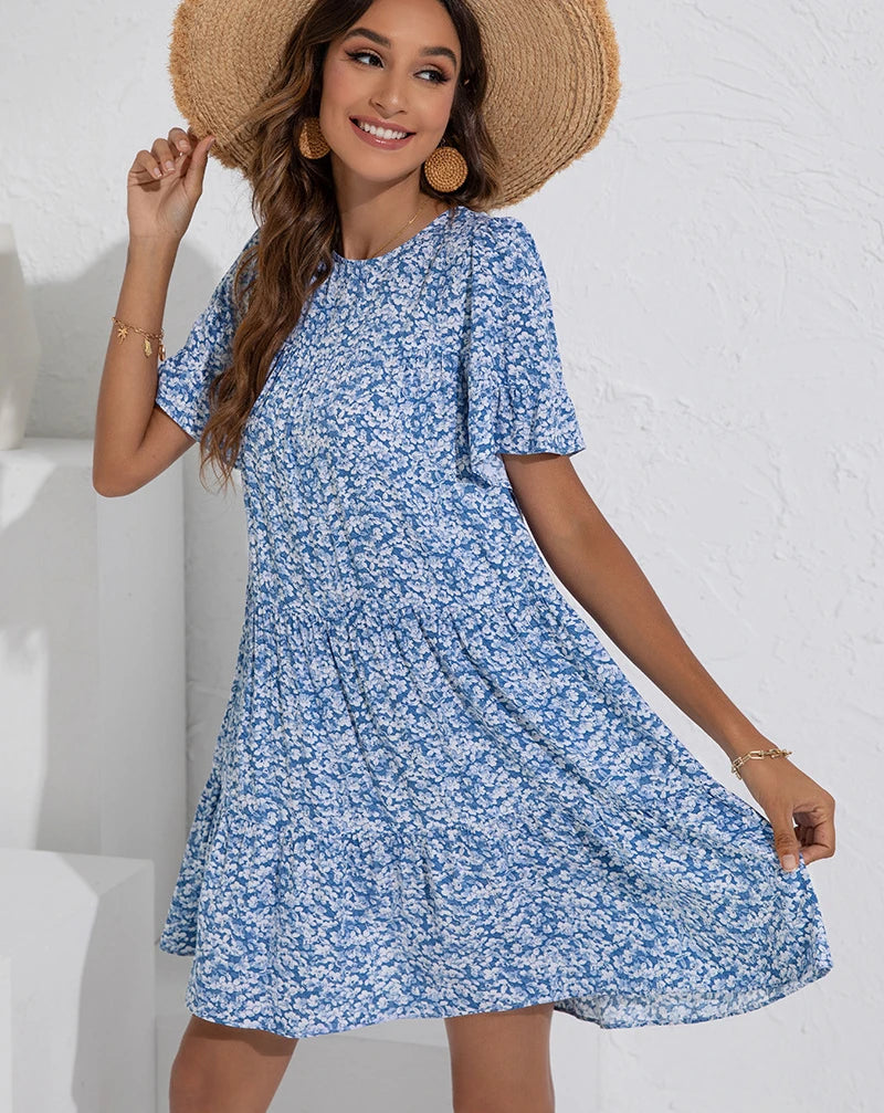 FashionSierra-Beach  Cotton Rayon  Floral Print  Mini  Tunic  Vintage  Casual  O-neck  Short  Summer  Robe Boho Dress