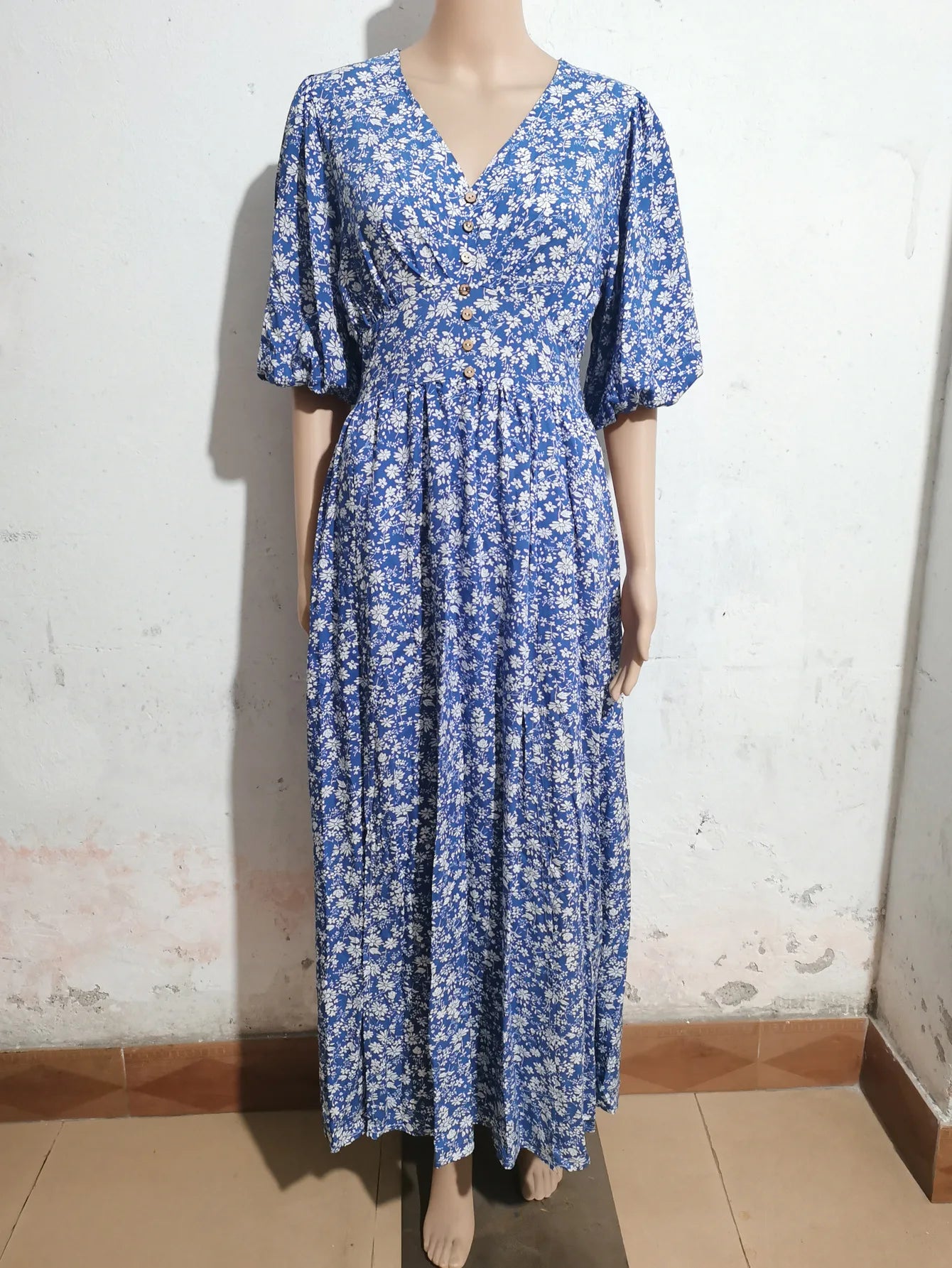 FashionSierra-Beach  Half Puff Sleeve  Maxi  Women  Robe  Vintage  Rayon Cotton  Floral Print  Long  Summer  Ladies Boho Dress