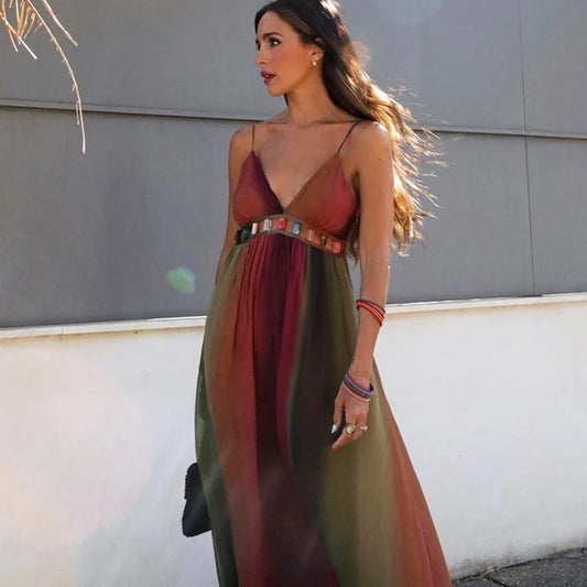 FashionSierra-Beach Wear  Sexy  Sleeveless  Backless  Strap  Women  Vintage Maxi  Summer  Waist Hollowed Out  Party  Vestidos Boho Dress
