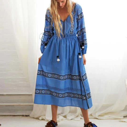 FashionSierra-Blue/White  Cotton  Maxi  Vintage  Chic  Tassel  Floral Embroidery  Long Sleeve  Tunic  Autumn Boho Dress