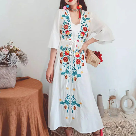 FashionSierra-Ethnic Embroidery  Cotton Rayon  Women  Robe  Casual  V-neck  Flare Sleeve  Long  Summer  Beach  Loose  Vestidos Boho Dress