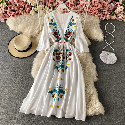 FashionSierra-Ethnic Embroidery  Cotton Rayon  Women  Robe  Casual  V-neck  Flare Sleeve  Long  Summer  Beach  Loose  Vestidos Boho Dress