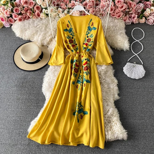 FashionSierra-Ethnic Embroidery  Cotton Rayon  Women  Robe  Casual  V-neck  Flare Sleeve  Long  Summer  Beach  Loose  Vestidos Boho Dress