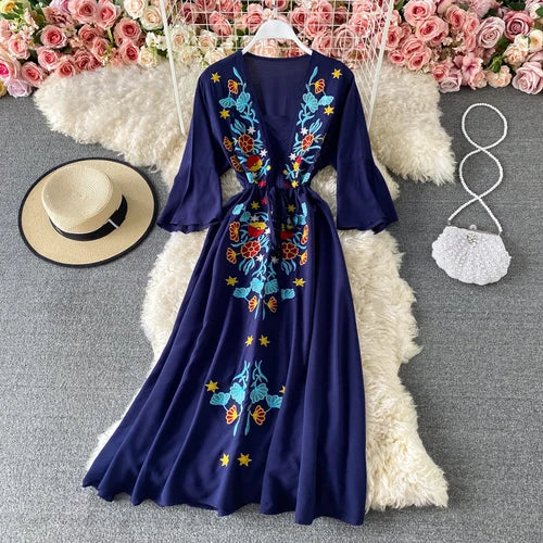 FashionSierra-Ethnic Embroidery  Cotton Rayon  Women  Robe  Casual  V-neck  Flare Sleeve  Long  Summer  Beach  Loose  Vestidos Boho Dress