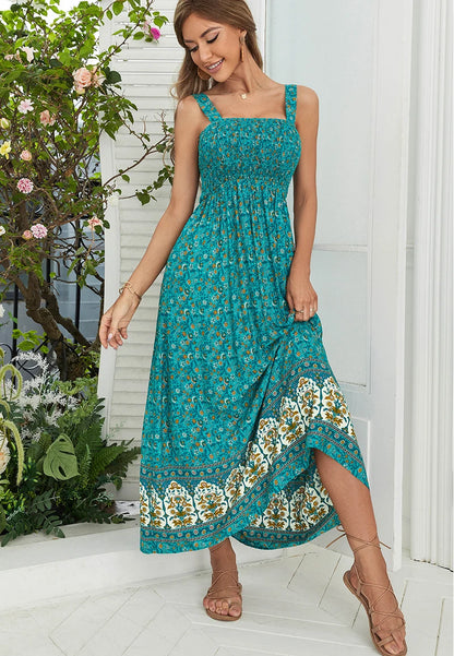 FashionSierra-Green  Rayon Cotton  Floral Print  Strap  Women  Robe  2024  Sleeveless  Summer  Long  Shirred  Vestidos Boho Dress