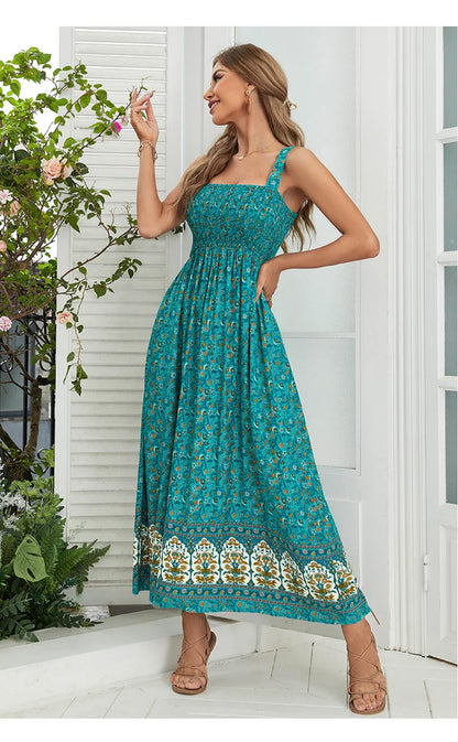 FashionSierra-Green  Rayon Cotton  Floral Print  Strap  Women  Robe  2024  Sleeveless  Summer  Long  Shirred  Vestidos Boho Dress