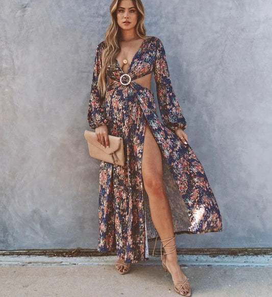 FashionSierra-Long Sleeve  Loose  Women  Vintage  Floral Print  Summer  2024  Beach Wear  High Waist  Backless  Vestidos  Boho Dress