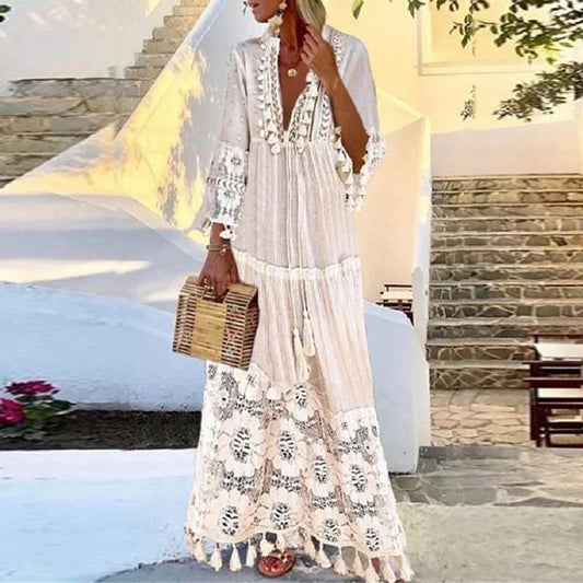 FashionSierra-Long Sleeve  Tassel  Women  Vintage  Floral Embroidery  Beach Wear  Summer  2024  Casual  Lace  Vestidos  Boho Dress