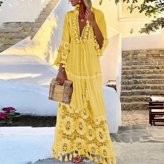 FashionSierra-Long Sleeve  Tassel  Women  Vintage  Floral Embroidery  Beach Wear  Summer  2025  Casual  Lace  Vestidos  Boho Dress