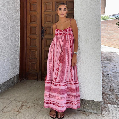 FashionSierra-Pink  Spliced  Crochet Strap  Women  Robe  Vintage  Sleeveless  Backless  Summer  Maxi  Loose  Beach Wear Boho Dress