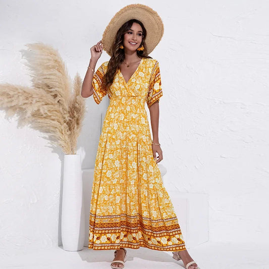 FashionSierra-Rayon Floral Print  Long  Women  Summer Robe  Casual  V-neck  Maxi  Vintage  Bohemian  Beach Boho Dress