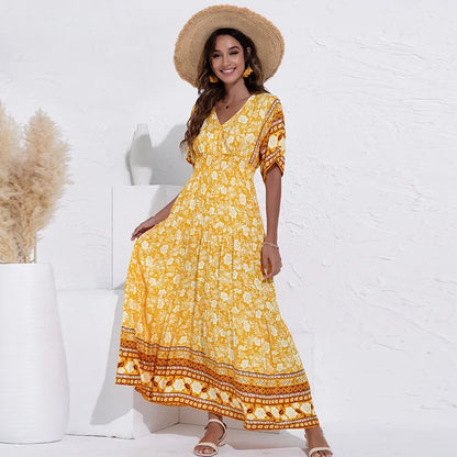 FashionSierra-Rayon Floral Print  Long  Women  Summer Robe  Casual  V-neck  Maxi  Vintage  Bohemian  Beach Boho Dress