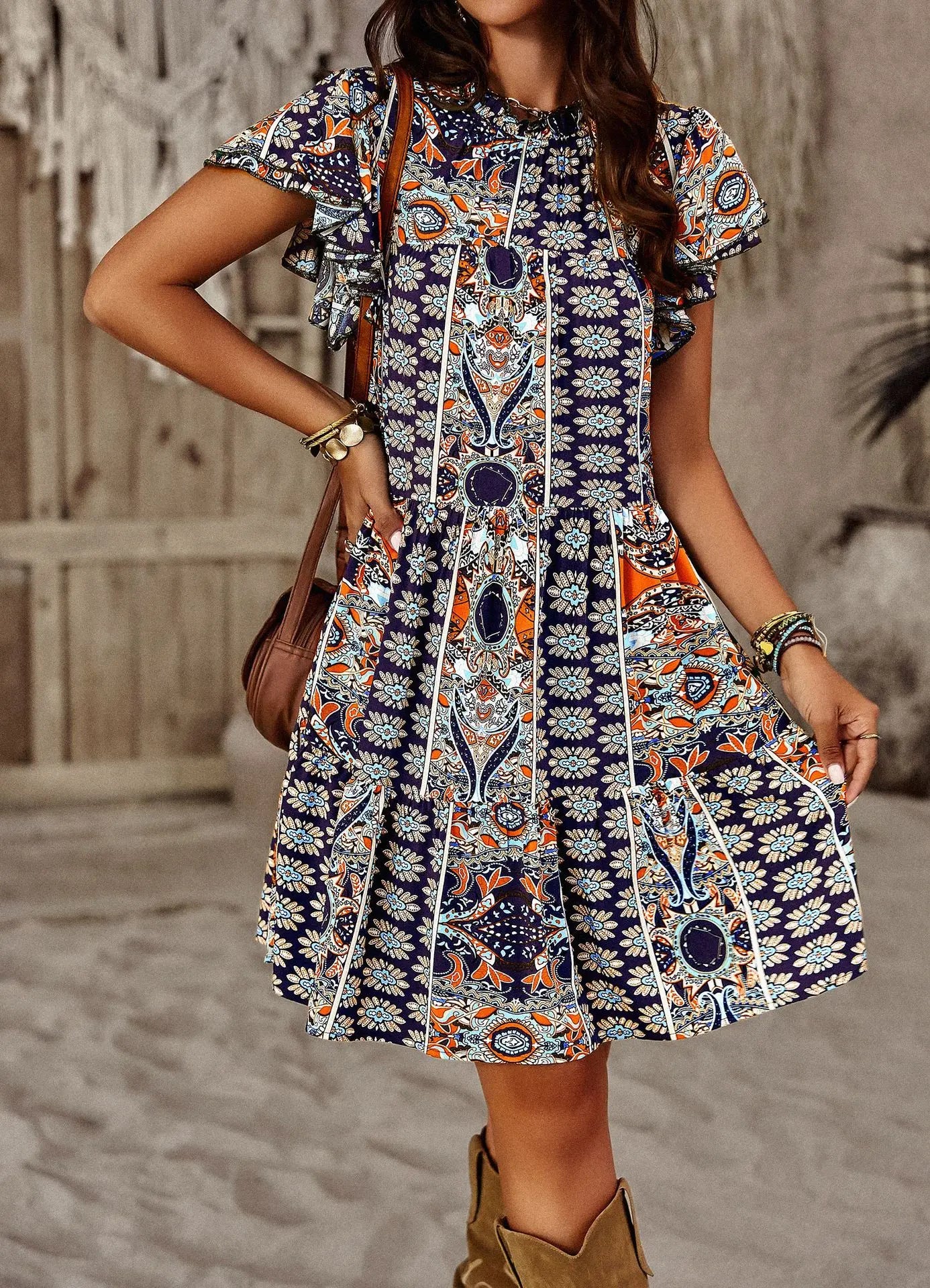 FashionSierra-Rayon Floral Print  Mini  Women  Beach Holiday  Loose  Ruffles Sleeve  Short  Summer Vintage Boho Dress