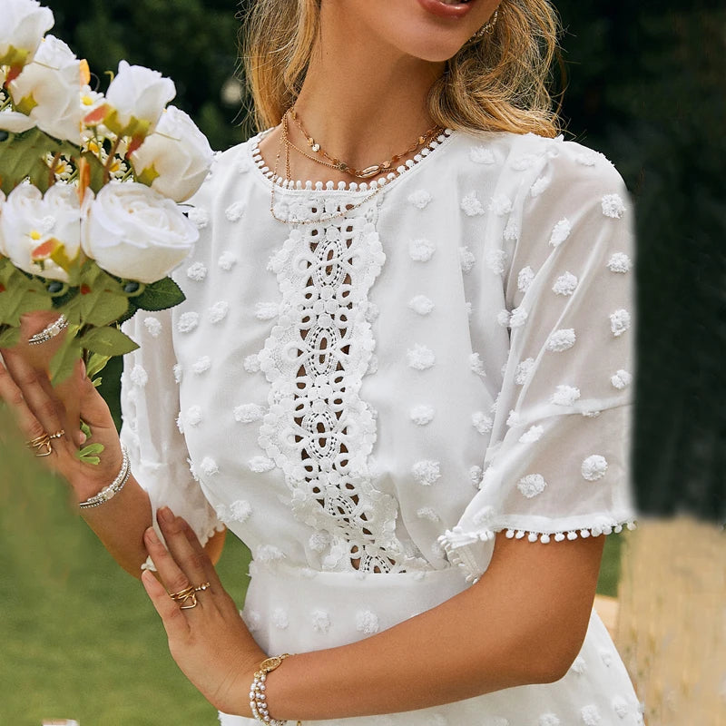 FashionSierra-Ruffles  White  Summer  2024  Casual  O-neck  Short Sleeve  Mini  Lace  Vintage  Beach Maxi Vestidos Boho Dress
