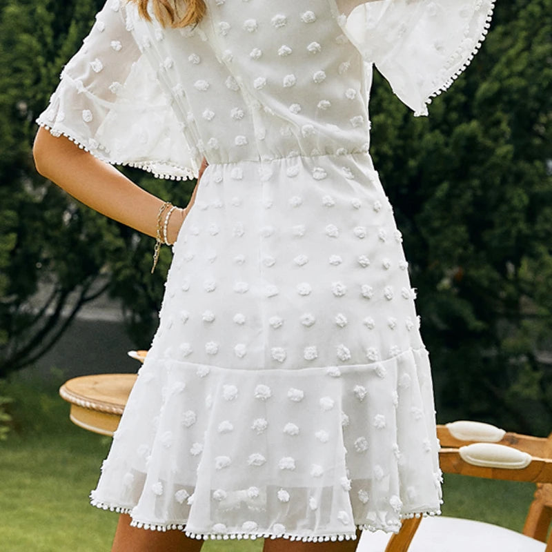 FashionSierra-Ruffles  White  Summer  2024  Casual  O-neck  Short Sleeve  Mini  Lace  Vintage  Beach Maxi Vestidos Boho Dress