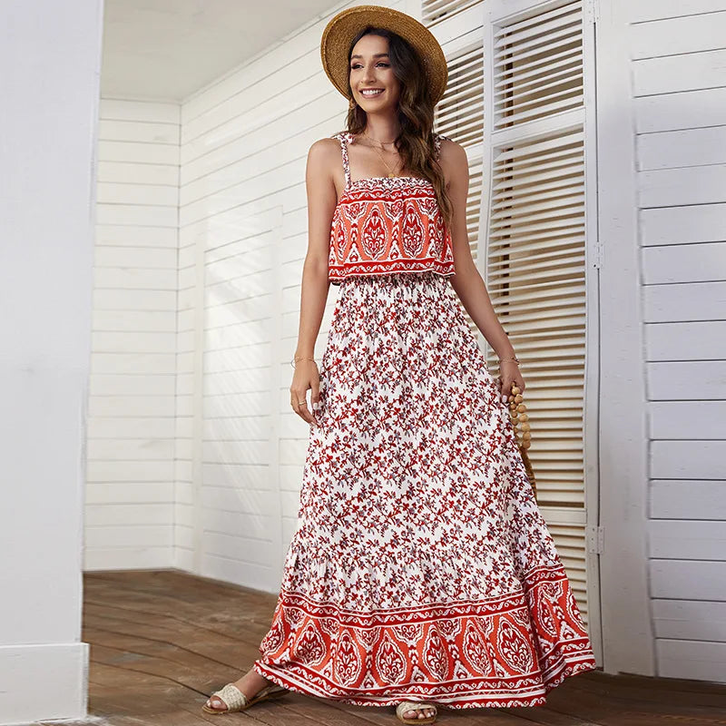 FashionSierra-Sleeveless  Backless  Maxi  Strap  Women  Robe  Vintage  Cotton  Floral Print  Long  Summer  2024  Beach  Vestidos Boho Dress