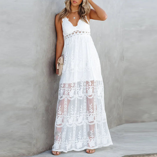FashionSierra-Sleeveless  Lace Long  Women  Vintage  Backless  Deep V  Loose  Summer  2024  Beach Wear  Maxi  Vestidos  Boho Dress