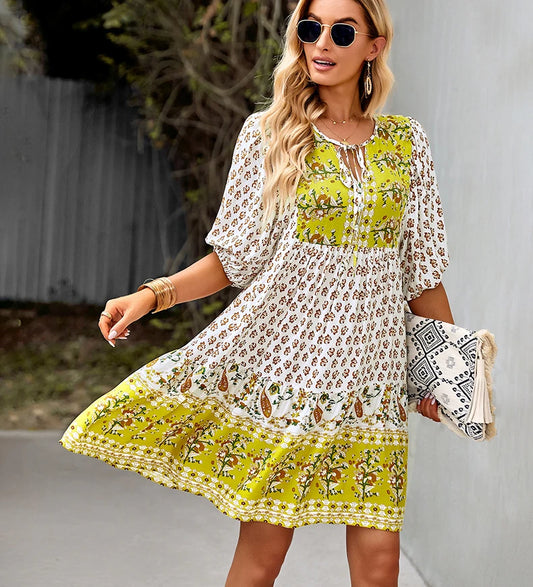 FashionSierra-Summer  Women  Rayon Floral Print  Casual  Half Sleeve  Loose  A-Line 2024  Vintage  Mini  Short Robe Boho Dress