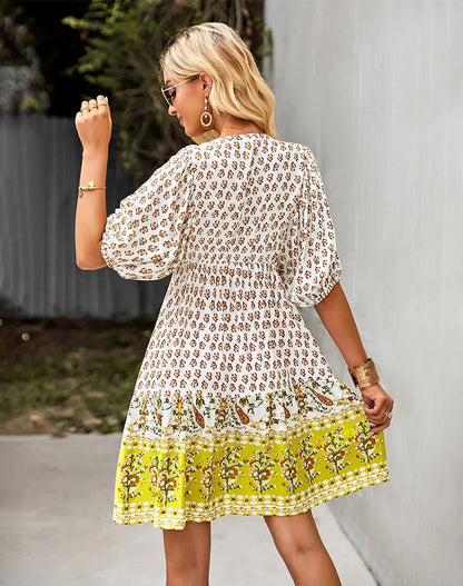 FashionSierra-Summer  Women  Rayon Floral Print  Casual  Half Sleeve  Loose  A-Line 2024  Vintage  Mini  Short Robe Boho Dress