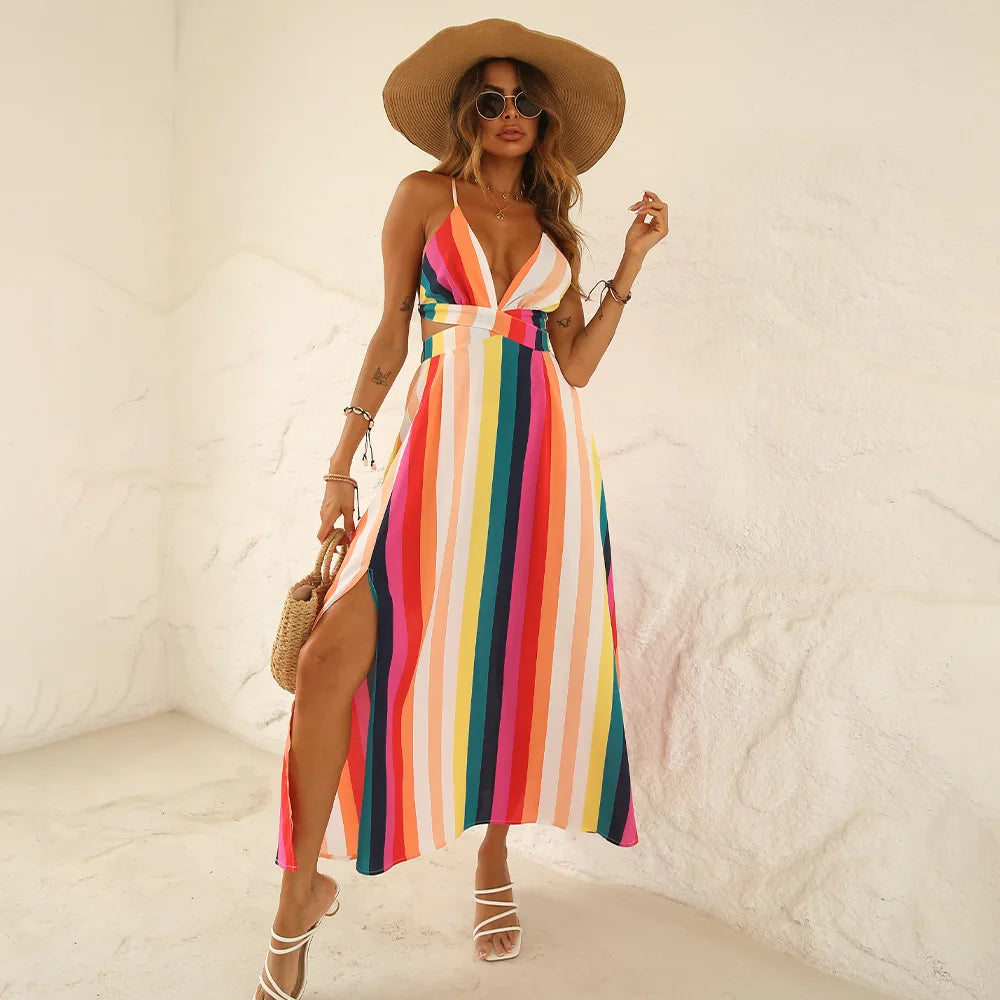 FashionSierra-Vintage  Striped  Sleeveless  Women  Beach Wear  Deep V  Oversize  Summer  Sexy  Backless Boho Dress
