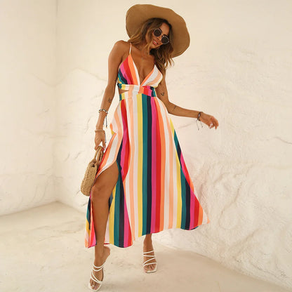 FashionSierra-Vintage  Striped  Sleeveless  Women  Beach Wear  Deep V  Oversize  Summer  Sexy  Backless Boho Dress