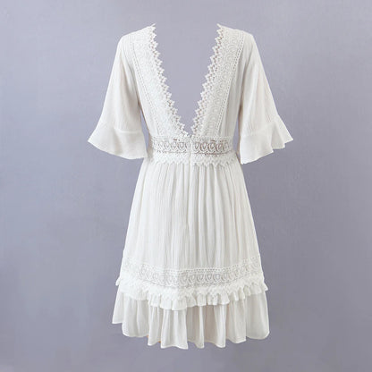 FashionSierra-White Lace  Mini  For Women  Robe  Sexy  Deep V  Short  Ruffles Sleeve  Summer  Party  Casual  Beach  Vestidos Boho Dress