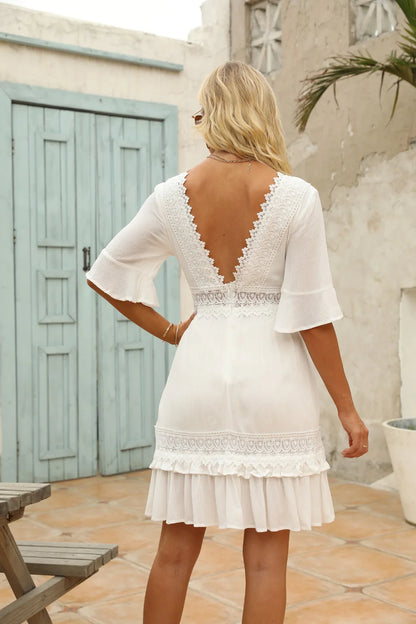 FashionSierra-White Lace  Mini  For Women  Robe  Sexy  Deep V  Short  Ruffles Sleeve  Summer  Party  Casual  Beach  Vestidos Boho Dress