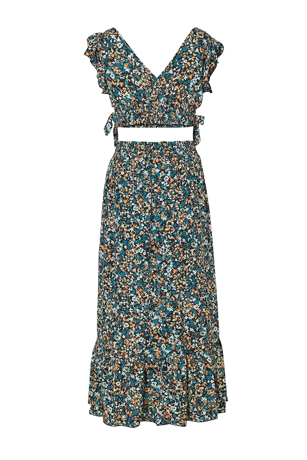FashionSierra-Casual Floral Print 2 Piece Skirts Set for Women Vintage Deep V Short Sleeve Tops High Waist A-line Skirt Summer 2024 Boho Dress