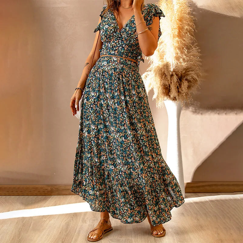 FashionSierra-Casual Floral Print 2 Piece Skirts Set for Women Vintage Deep V Short Sleeve Tops High Waist A-line Skirt Summer 2024 Boho Dress